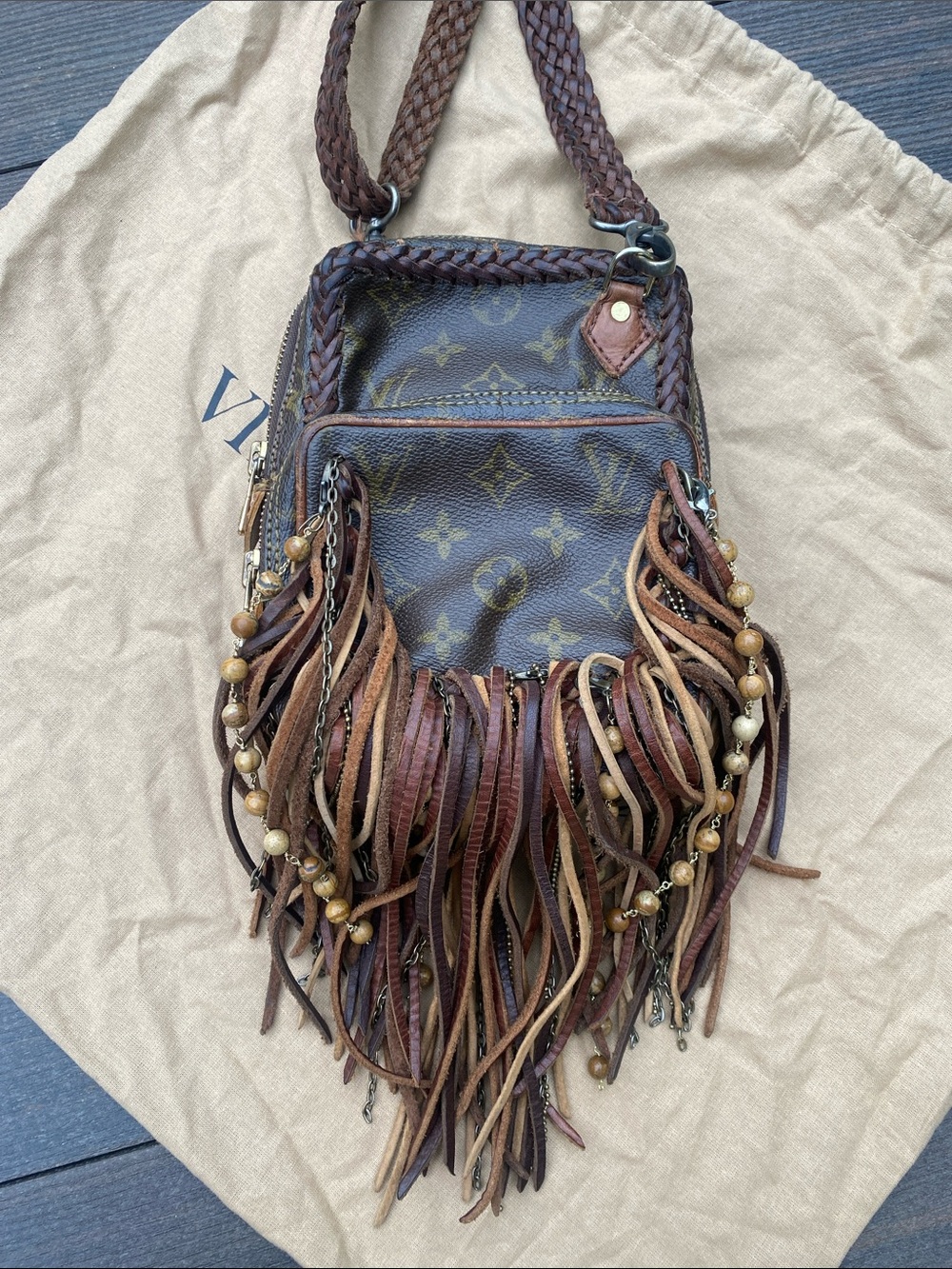 Vintage Boho Brown LV Monogram Fringe Crossbody with Braided Strap